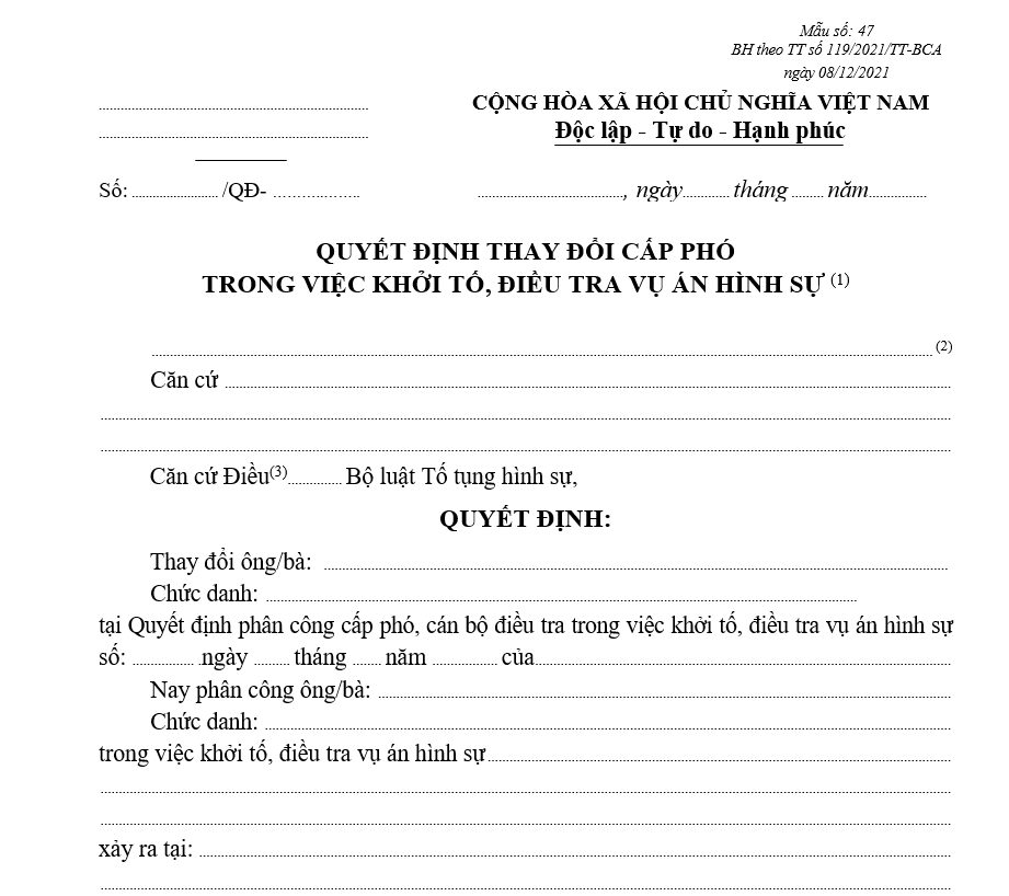 Mẫu quyết định thay đổi cấp phó trong việc khởi tố, điều tra vụ án hình sự (Sử dụng cho cơ quan được giao nhiệm vụ tiến hành một số hoạt động điều tra) Mẫu quyết định thay đổi cấp phó trong việc khởi tố, điều tra vụ án hình sự (Sử dụng cho cơ quan được giao nhiệm vụ tiến hành một số hoạt động điều tra)