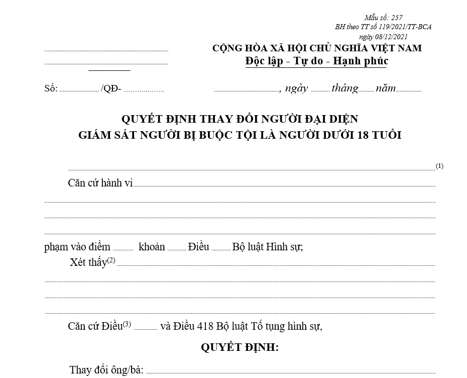 Mẫu quyết định thay đổi người đại diện giám sát người bị buộc tội là người dưới 18 tuổi Mẫu quyết định thay đổi người đại diện giám sát người bị buộc tội là người dưới 18 tuổi
