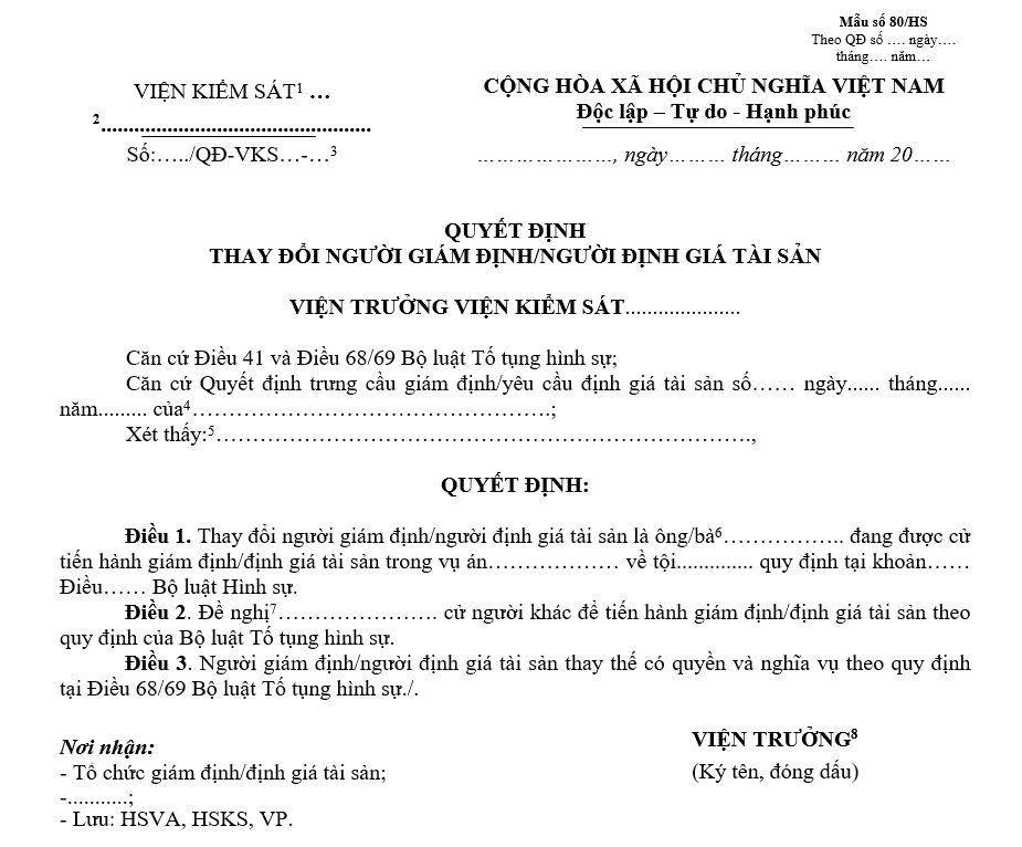 Mẫu quyết định thay đổi người giám định/người định giá tài sản Mẫu quyết định thay đổi người giám định/người định giá tài sản