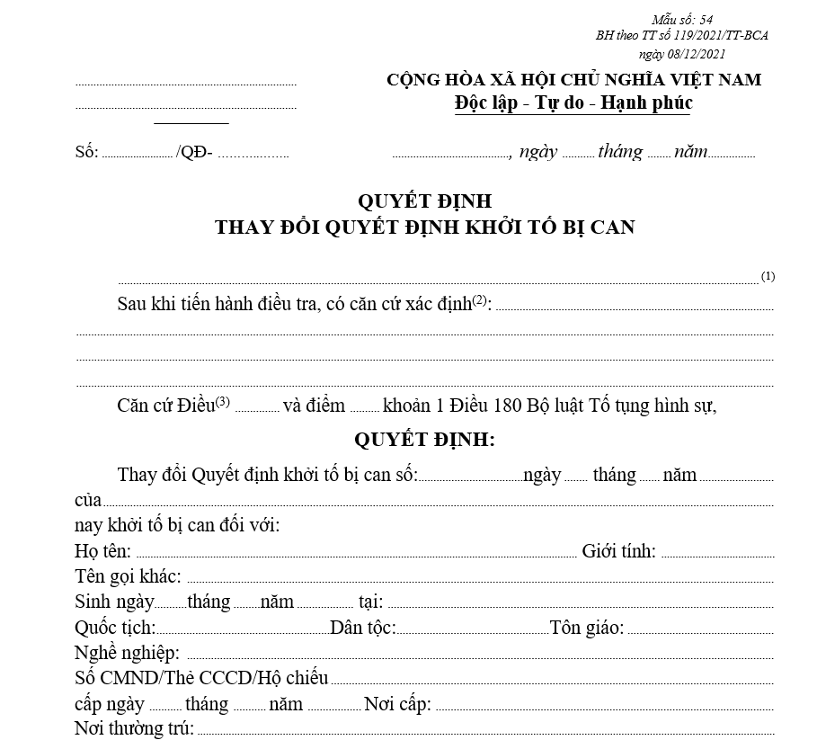 Mẫu quyết định thay đổi quyết định khởi tố bị can Mẫu quyết định thay đổi quyết định khởi tố bị can