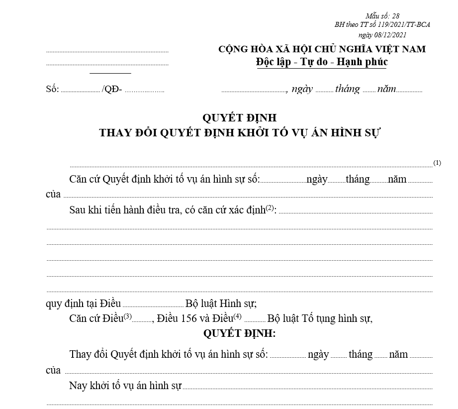 Mẫu quyết định thay đổi quyết định khởi tố vụ án hình sự Mẫu quyết định thay đổi quyết định khởi tố vụ án hình sự