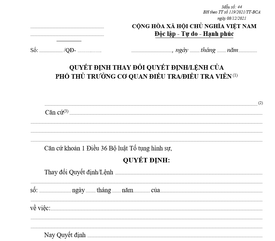 Mẫu quyết định thay đổi quyết định/lệnh của Phó Thủ trưởng Cơ quan điều tra/Điều tra viên Mẫu quyết định thay đổi quyết định/lệnh của Phó Thủ trưởng Cơ quan điều tra/Điều tra viên