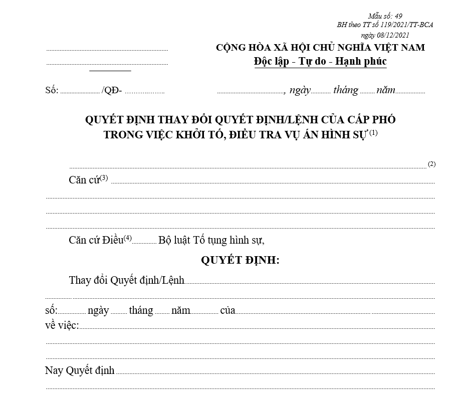 Mẫu quyết định thay đổi quyết định/lệnh của cấp phó trong việc khởi tố, điều tra vụ án hình sự (Sử dụng cho cơ quan được giao nhiệm vụ tiến hành một số hoạt động điều tra) Mẫu quyết định thay đổi quyết định/lệnh của cấp phó trong việc khởi tố, điều tra vụ án hình sự (Sử dụng cho cơ quan được giao nhiệm vụ tiến hành một số hoạt động điều tra)