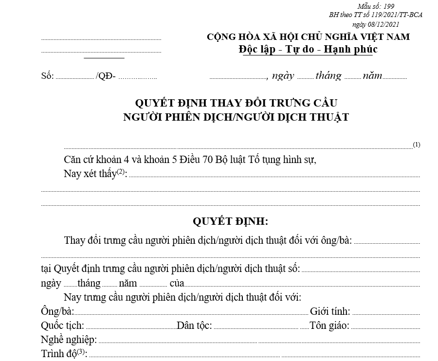 Mẫu quyết định thay đổi trưng cầu người phiên dịch hoặc người dịch thuật Mẫu quyết định thay đổi trưng cầu người phiên dịch hoặc người dịch thuật