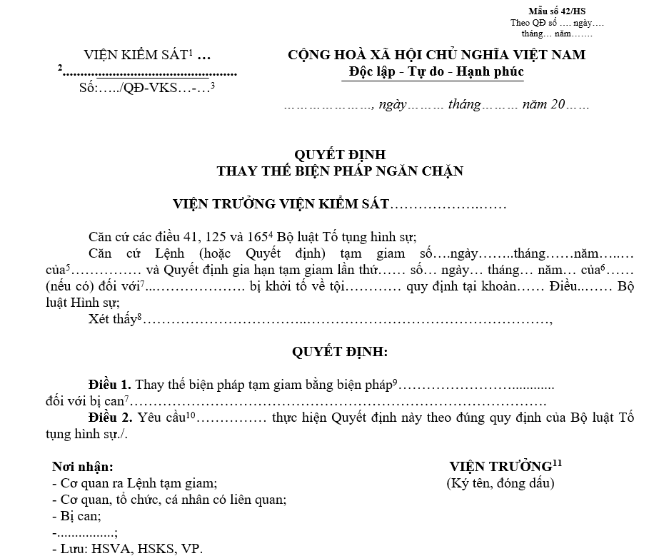 Mẫu quyết định thay thế biện pháp ngăn chặn Mẫu quyết định thay thế biện pháp ngăn chặn