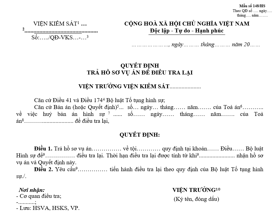 Mẫu quyết định trả hồ sơ vụ án để điều tra lại Mẫu quyết định trả hồ sơ vụ án để điều tra lại
