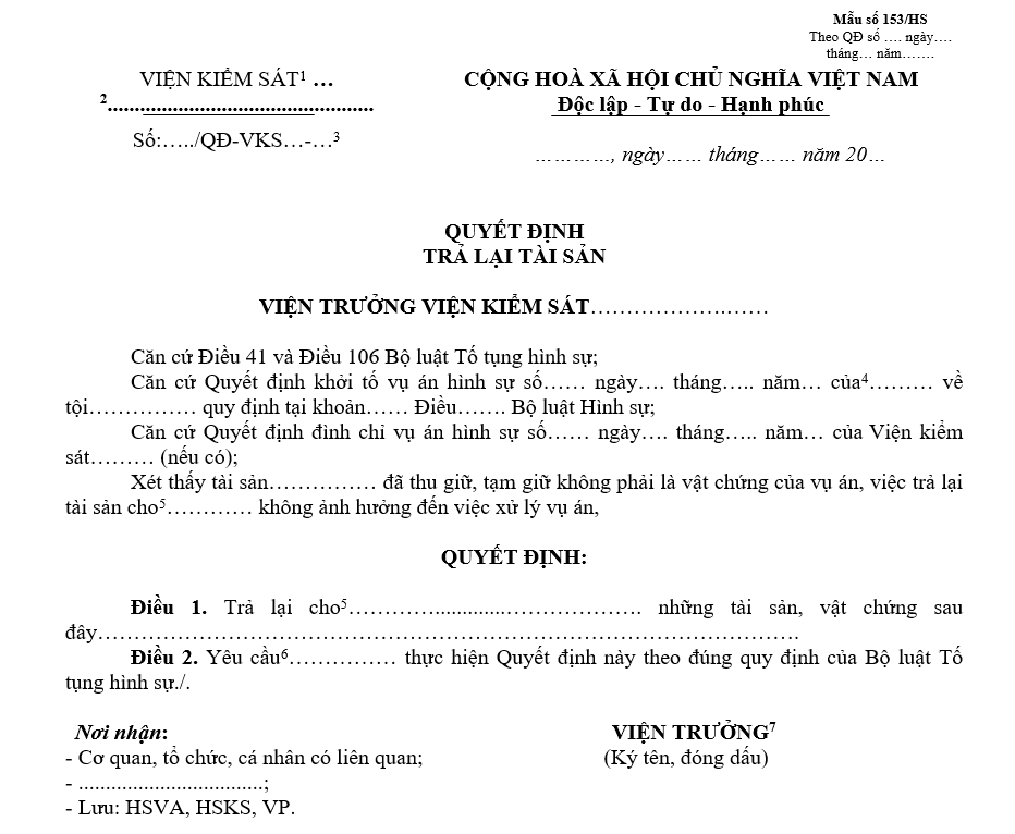 Mẫu quyết định trả lại tài sản Mẫu quyết định trả lại tài sản