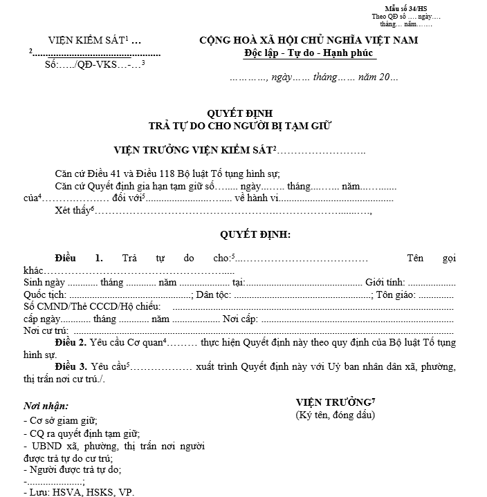 Mẫu quyết định trả tự do cho người bị tạm giữ Mẫu quyết định trả tự do cho người bị tạm giữ