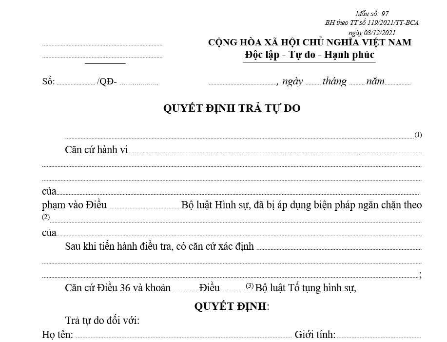 Mẫu quyết định trả tự do Mẫu quyết định trả tự do