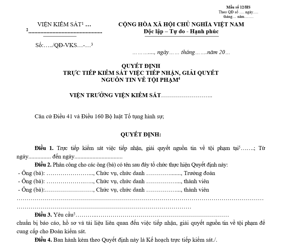 Mẫu quyết định trực tiếp kiểm sát việc tiếp nhận, giải quyết nguồn tin về tội phạm Mẫu quyết định trực tiếp kiểm sát việc tiếp nhận, giải quyết nguồn tin về tội phạm