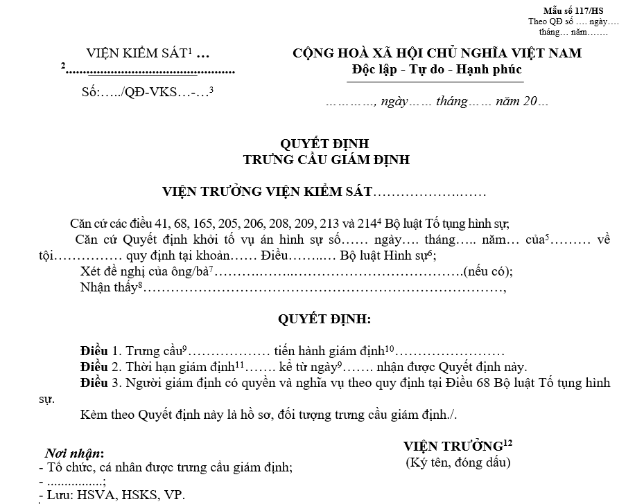 Mẫu quyết định trưng cầu giám định Mẫu quyết định trưng cầu giám định