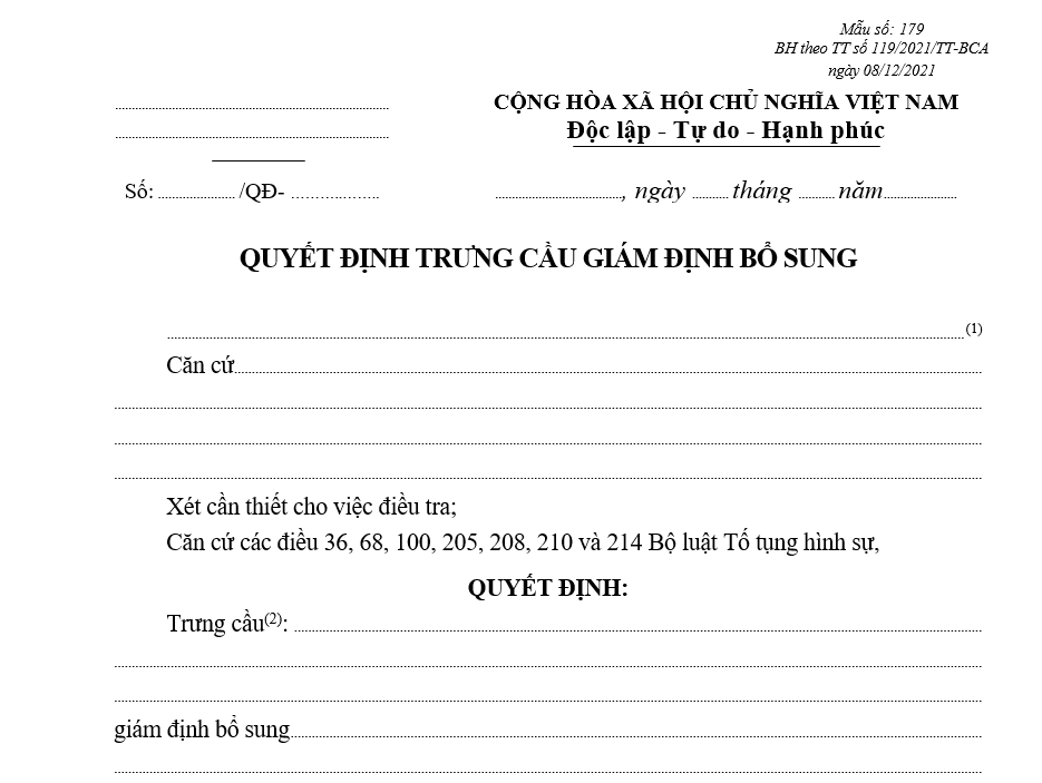 Mẫu quyết định trưng cầu giám định bổ sung Mẫu quyết định trưng cầu giám định bổ sung