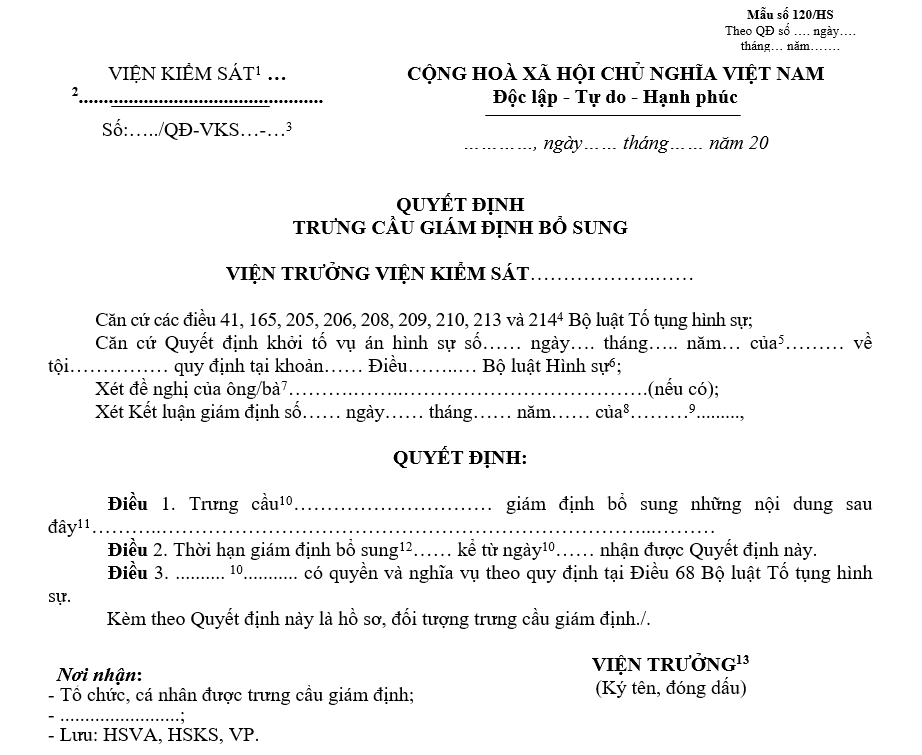 Mẫu quyết định trưng cầu giám định bổ sung Mẫu quyết định trưng cầu giám định bổ sung