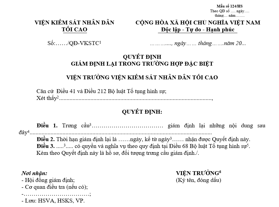 Mẫu quyết định trưng cầu giám định lại trong trường hợp đặc biệt Mẫu quyết định trưng cầu giám định lại trong trường hợp đặc biệt
