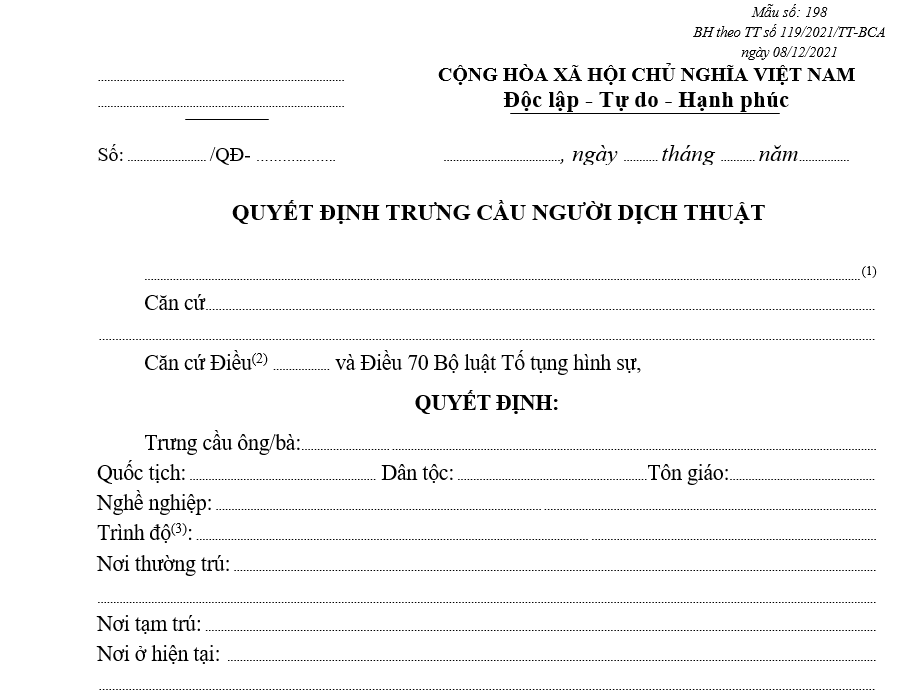 Mẫu quyết định trưng cầu người dịch thuật Mẫu quyết định trưng cầu người dịch thuật
