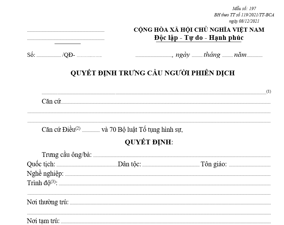 Mẫu quyết định trưng cầu người phiên dịch Mẫu quyết định trưng cầu người phiên dịch