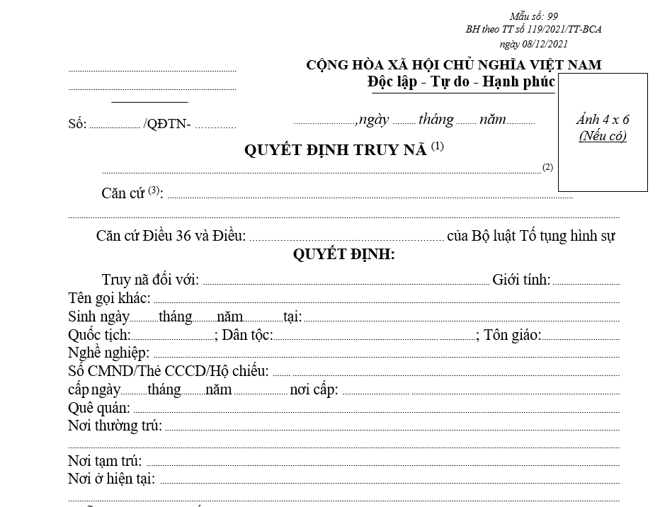 Mẫu quyết định truy nã (Sử dụng trong giai đoạn thi hành án) Mẫu quyết định truy nã (Sử dụng trong giai đoạn thi hành án)