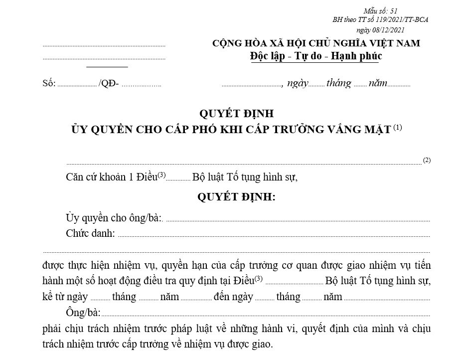 Mẫu quyết định ủy quyền cho cấp phó khi cấp trưởng vắng mặt (Sử dụng cho cơ quan được giao nhiệm vụ tiến hành một số hoạt động điều tra) Mẫu quyết định ủy quyền cho cấp phó khi cấp trưởng vắng mặt (Sử dụng cho cơ quan được giao nhiệm vụ tiến hành một số hoạt động điều tra)