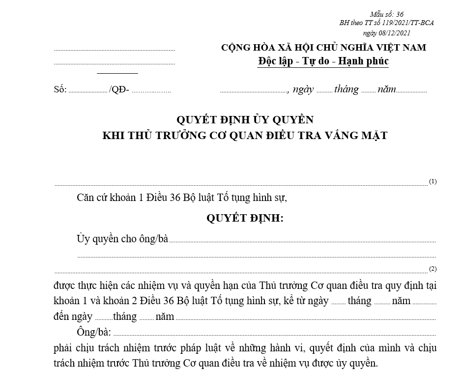 Mẫu quyết định ủy quyền khi Thủ trưởng Cơ quan điều tra vắng mặt Mẫu quyết định ủy quyền khi Thủ trưởng Cơ quan điều tra vắng mặt
