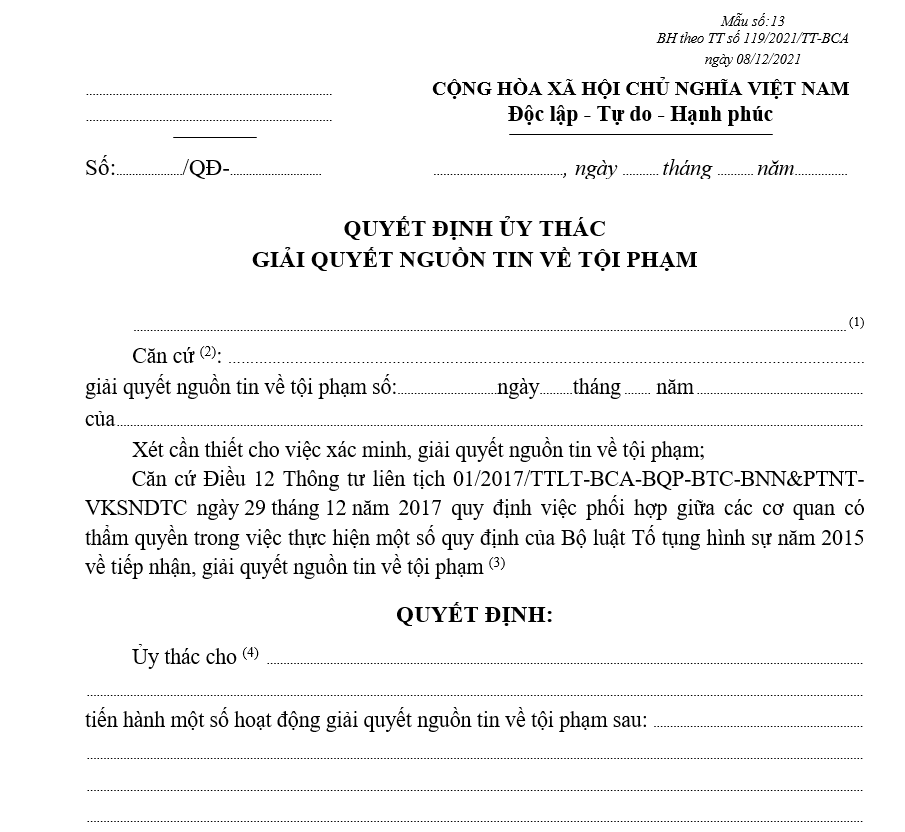 Mẫu quyết định ủy thác giải quyết nguồn tin về tội phạm Mẫu quyết định ủy thác giải quyết nguồn tin về tội phạm