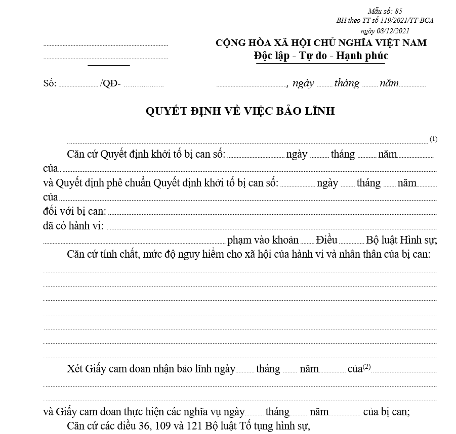 Mẫu quyết định về việc bảo lĩnh Mẫu quyết định về việc bảo lĩnh