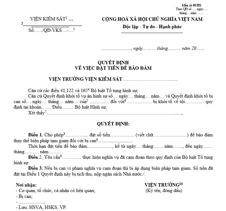 Mẫu quyết định về việc đặt tiền để bảo đảm Mẫu quyết định về việc đặt tiền để bảo đảm