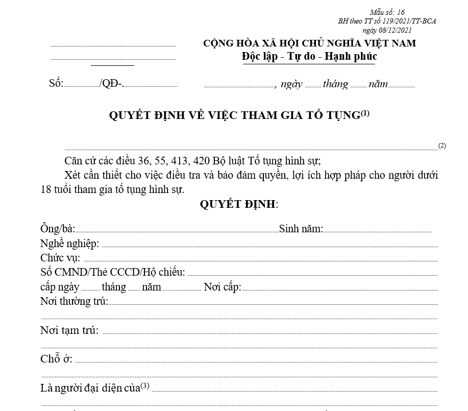 Mẫu quyết định về việc tham gia tố tụng Mẫu quyết định về việc tham gia tố tụng