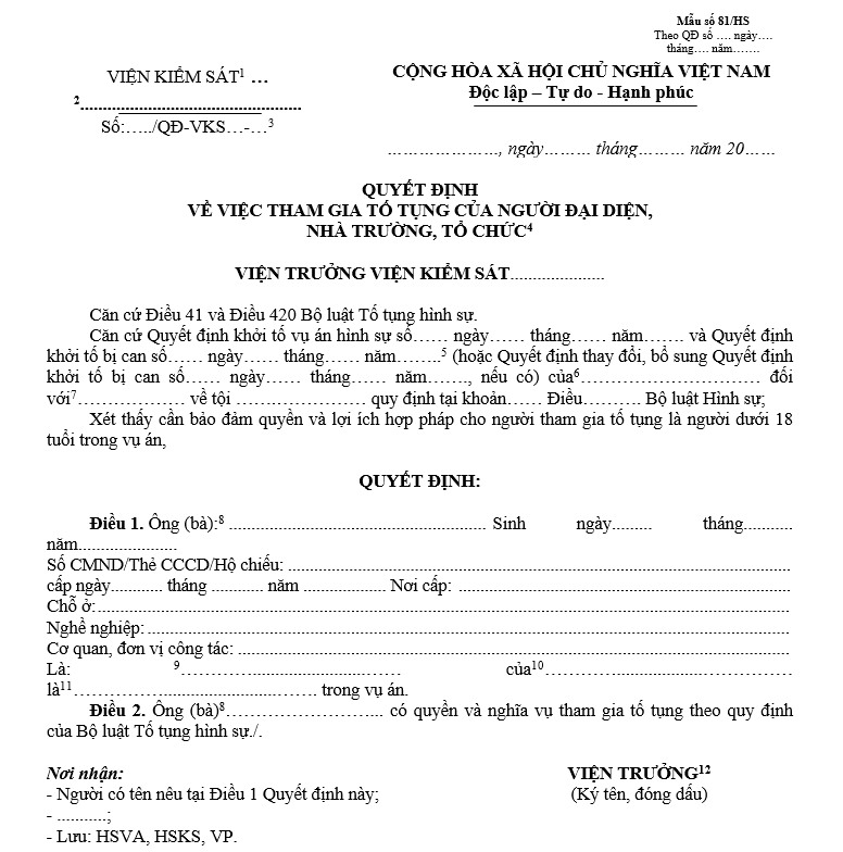 Mẫu quyết định việc tham gia tố tụng của người đại diện, nhà trường, tổ chức Mẫu quyết định việc tham gia tố tụng của người đại diện, nhà trường, tổ chức