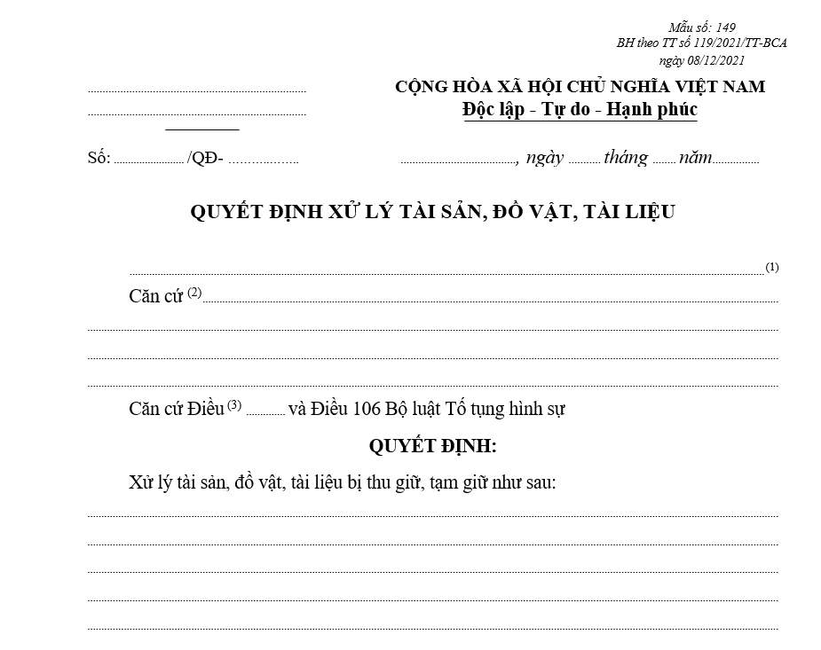 Mẫu quyết định xử lý tài sản, đồ vật, tài liệu Mẫu quyết định xử lý tài sản, đồ vật, tài liệu