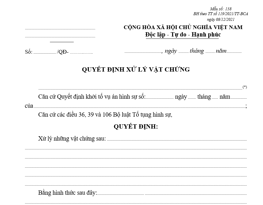 Mẫu quyết định xử lý vật chứng Mẫu quyết định xử lý vật chứng