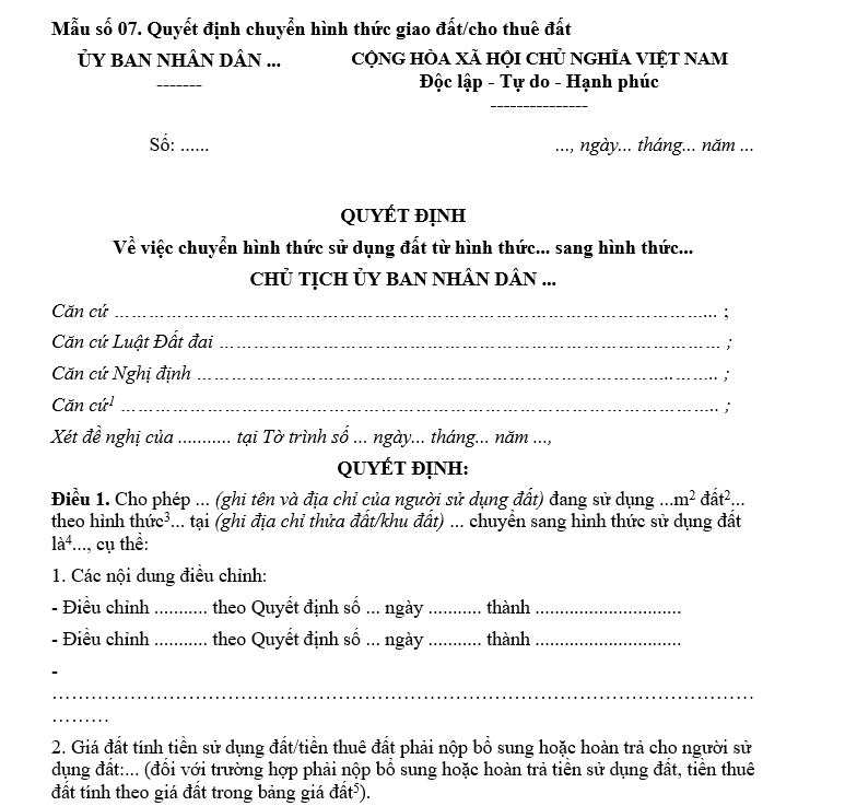 Mẫu quyết định chuyển hình thức giao đất/cho thuê đất