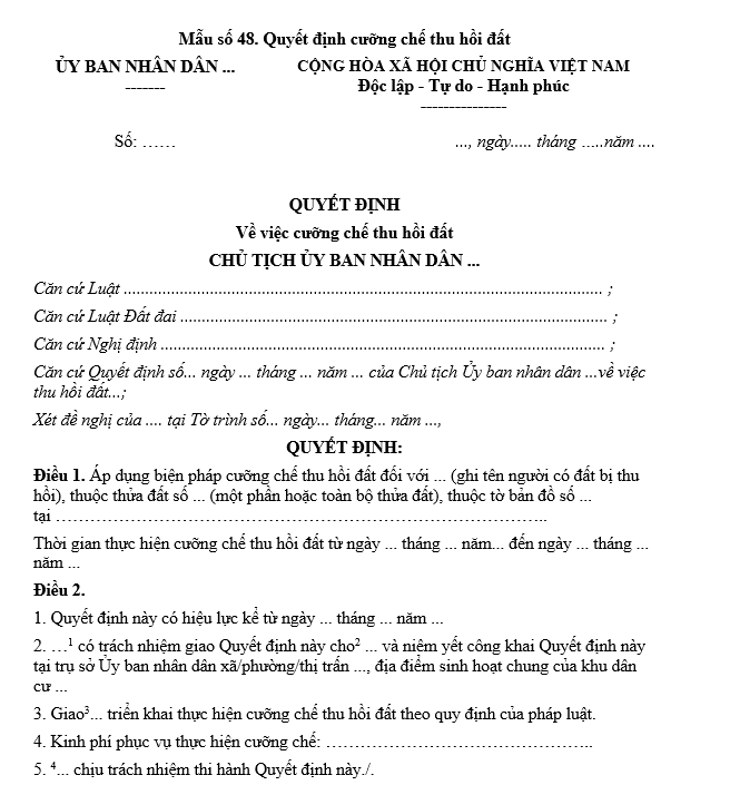 Mẫu quyết định cưỡng chế thu hồi đất