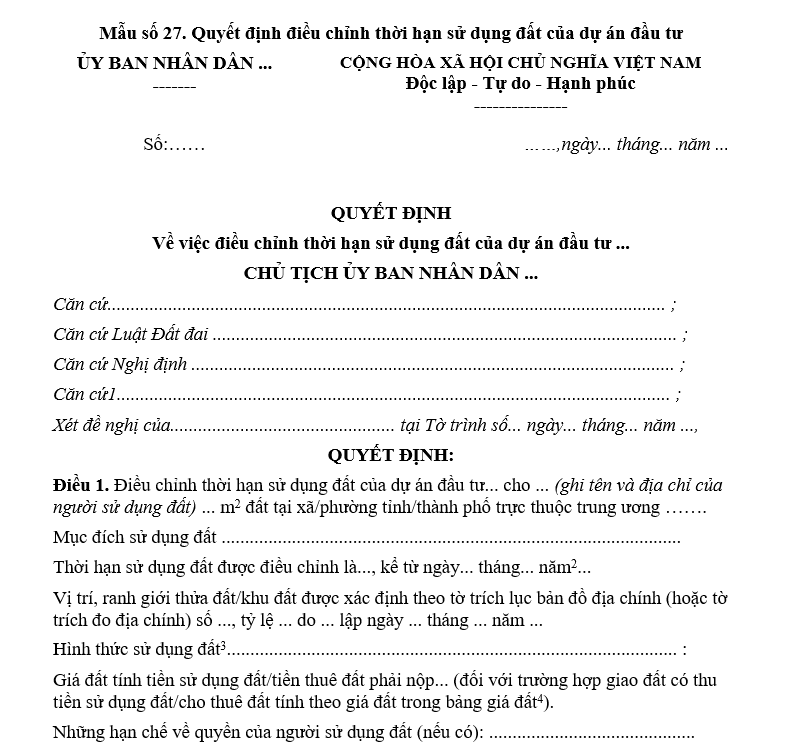Mẫu quyết định điều chỉnh thời hạn sử dụng đất của dự án đầu tư