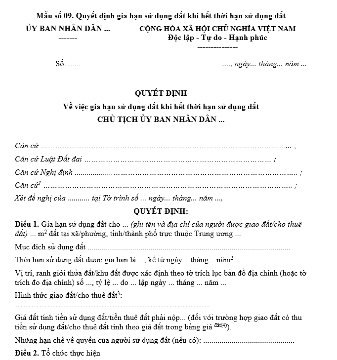 Mẫu quyết định gia hạn sử dụng đất khi hết thời hạn sử dụng đất