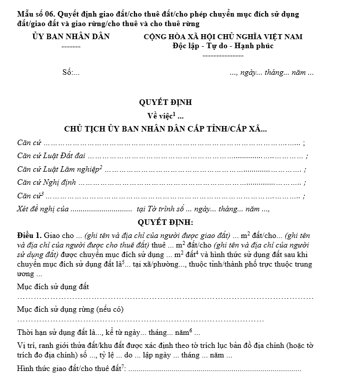 Mẫu quyết định giao đất/cho thuê đất/cho phép chuyển mục đích sử dụng đất/giao đất và giao rừng/cho thuê và cho thuê rừng