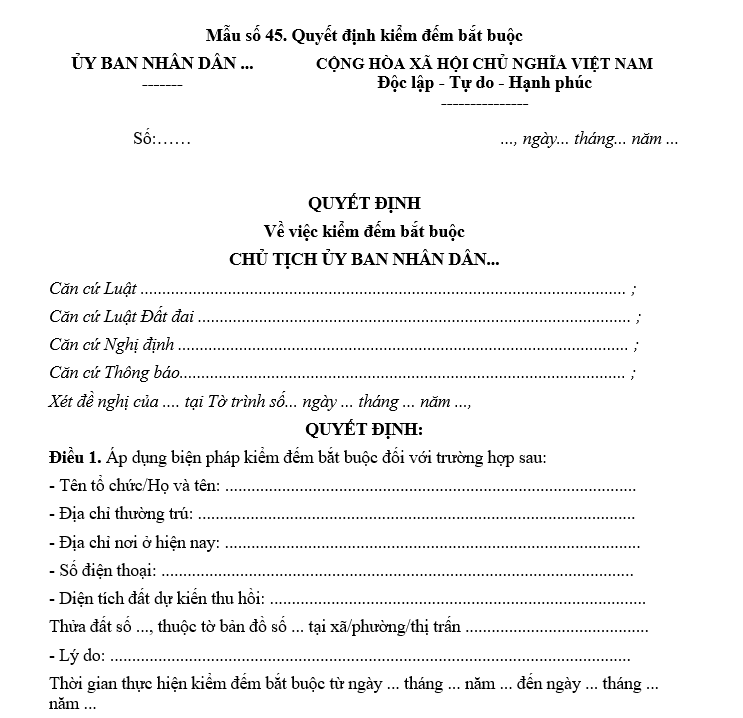 Mẫu quyết định kiểm đếm bắt buộc