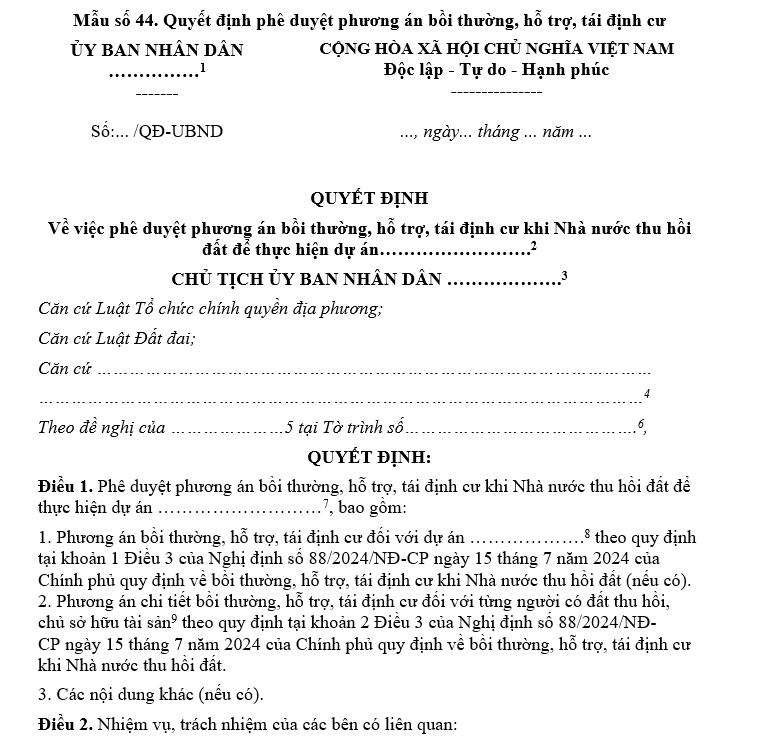 Mẫu quyết định phê duyệt phương án bồi thường, hỗ trợ, tái định cư