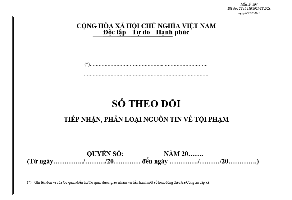 Mẫu sổ theo dõi tiếp nhận, phân loại nguồn tin về tội phạm Mẫu sổ theo dõi tiếp nhận, phân loại nguồn tin về tội phạm