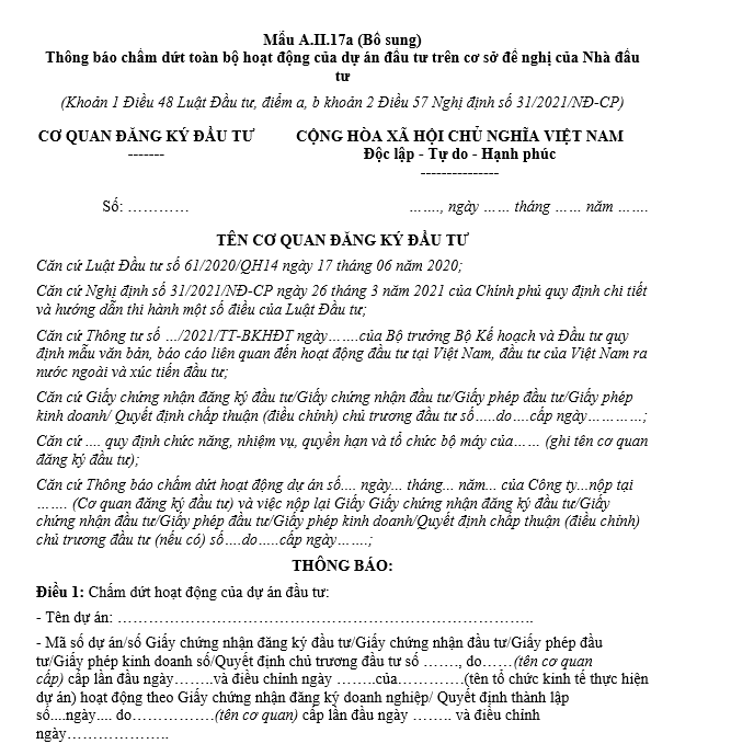 Mẫu thông báo chấm dứt toàn bộ hoạt động của dự án đầu tư trên cơ sở đề nghị của Nhà đầu tư Mẫu thông báo chấm dứt toàn bộ hoạt động của dự án đầu tư trên cơ sở đề nghị của Nhà đầu tư