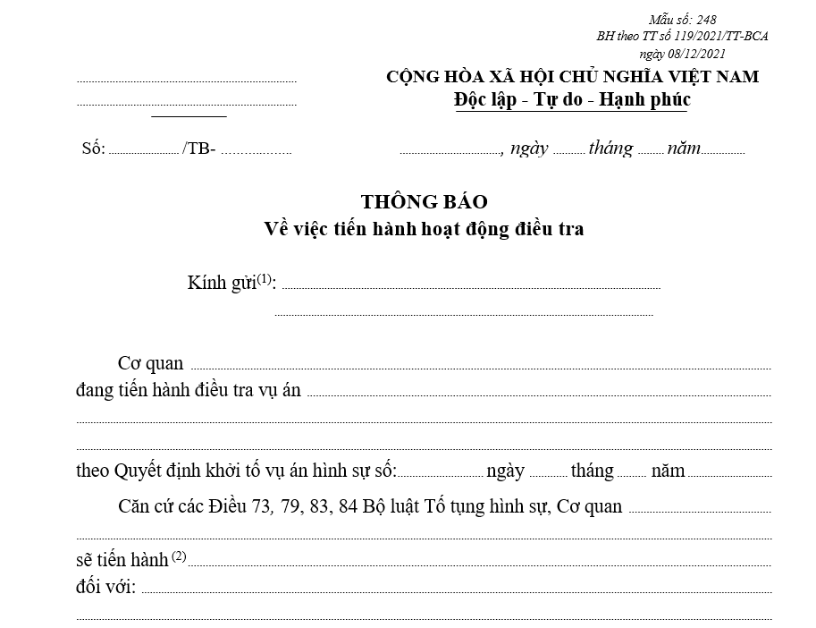 Mẫu thông báo cho người bào chữa về việc tiến hành hoạt động điều tra Mẫu thông báo cho người bào chữa về việc tiến hành hoạt động điều tra