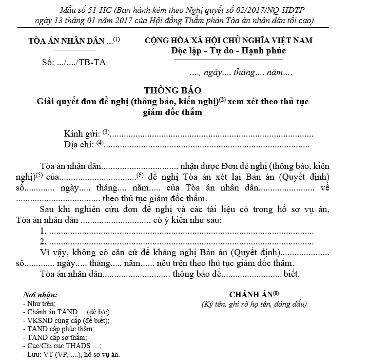 Mẫu thông báo giải quyết đơn đề nghị (thông báo, kiến nghị) xem xét theo thủ tục giám đốc thẩm Mẫu thông báo giải quyết đơn đề nghị (thông báo, kiến nghị) xem xét theo thủ tục giám đốc thẩm