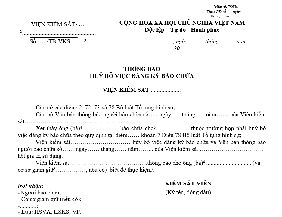 Mẫu thông báo hủy bỏ việc đăng ký người bào chữa Mẫu thông báo hủy bỏ việc đăng ký người bào chữa