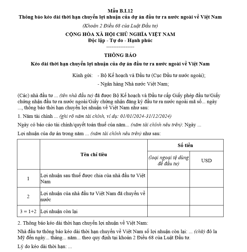 Mẫu thông báo kéo dài thời hạn chuyển lợi nhuận của dự án đầu tư ra nước ngoài về Việt Nam Mẫu thông báo kéo dài thời hạn chuyển lợi nhuận của dự án đầu tư ra nước ngoài về Việt Nam
