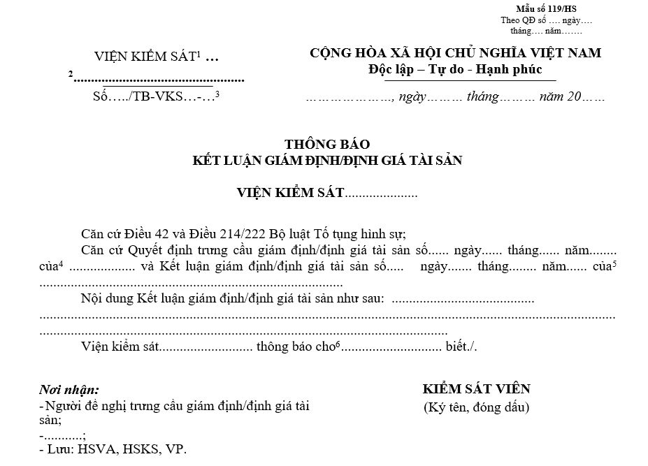 Mẫu thông báo kết luận giám định/định giá tài sản Mẫu thông báo kết luận giám định/định giá tài sản