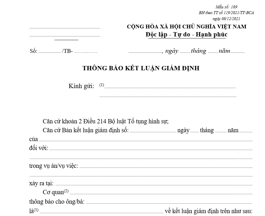 Mẫu thông báo kết luận giám định Mẫu thông báo kết luận giám định