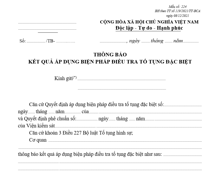 Mẫu thông báo kết quả áp dụng biện pháp điều tra tố tụng đặc biệt Mẫu thông báo kết quả áp dụng biện pháp điều tra tố tụng đặc biệt