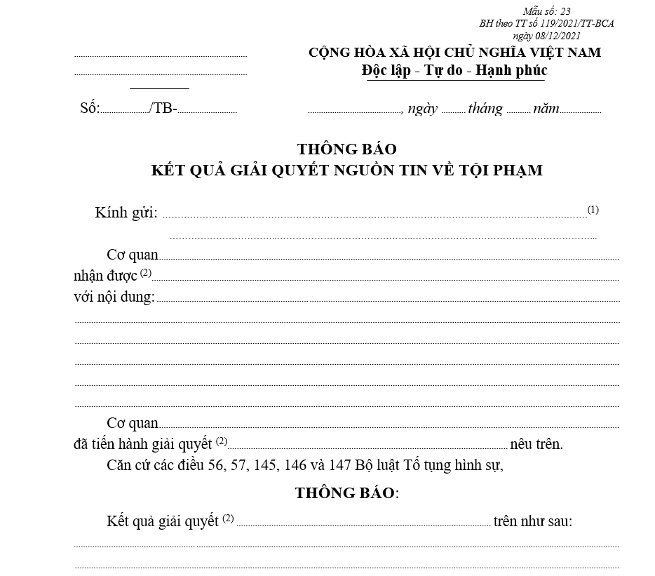 Mẫu thông báo kết quả giải quyết nguồn tin về tội phạm Mẫu thông báo kết quả giải quyết nguồn tin về tội phạm
