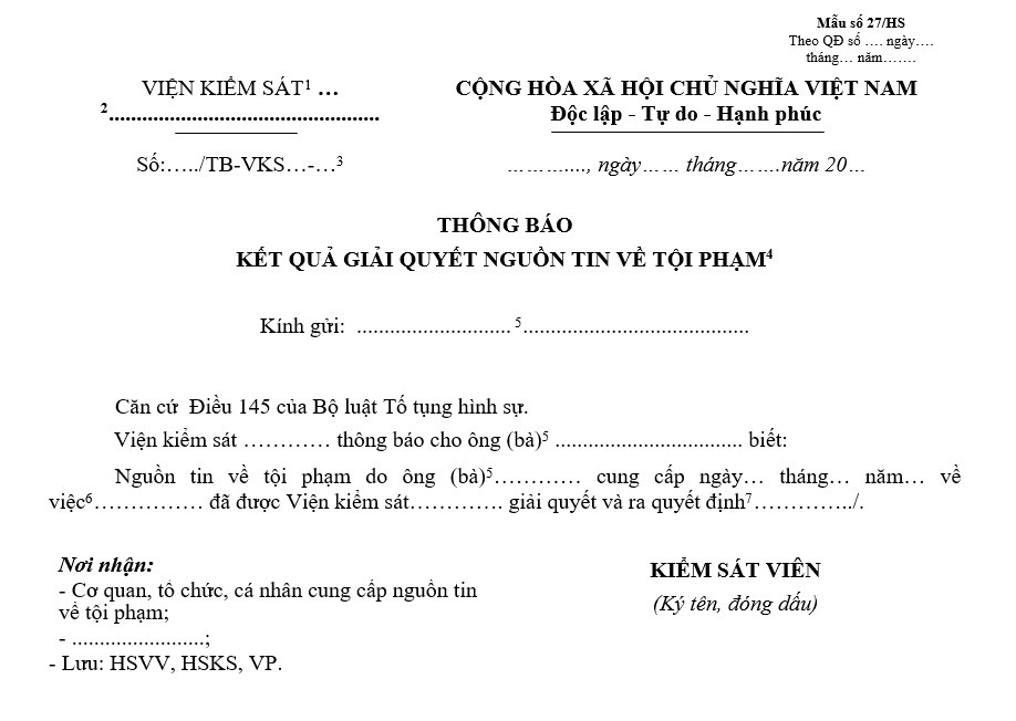 Mẫu thông báo kết quả giải quyết tố giác, tin báo tội phạm và kiến nghị khởi tố Mẫu thông báo kết quả giải quyết tố giác, tin báo tội phạm và kiến nghị khởi tố