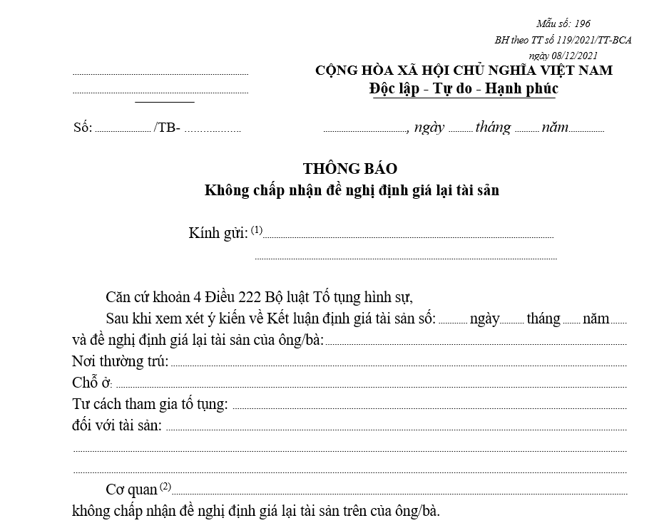 Mẫu thông báo không chấp nhận đề nghị định giá lại tài sản Mẫu thông báo không chấp nhận đề nghị định giá lại tài sản