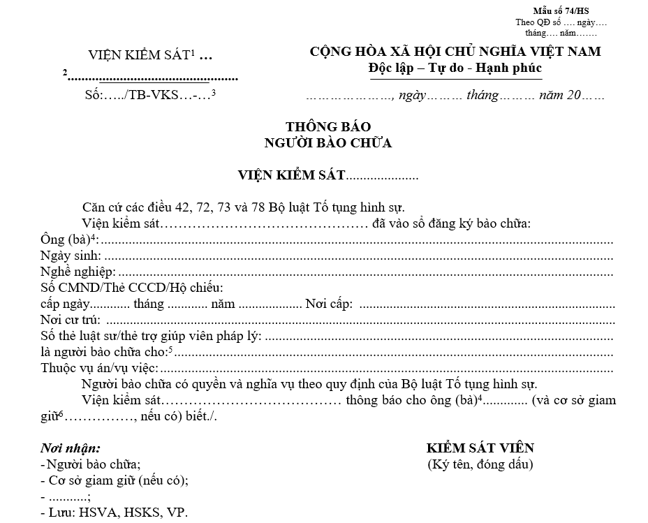 Mẫu thông báo người bào chữa Mẫu thông báo người bào chữa